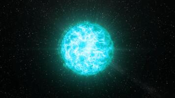 Bright glowing ball with liquid shimmer. Motion. Energy plasma flickers brightly in 3D ball. Shimmering ball of energy in outer space with particles video