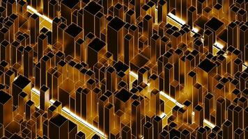 Abstract 3d city with neon lines. Design. 3D image of city made of cubes and neon road lines. Simple animation with rectangles and neon 3d city roads video
