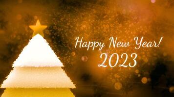 Animation of Happy New year 2023 with Christmas tree. Motion. Beautiful greeting animation happy New year 2023. Holiday card with Christmas tree and wish for happy new year video