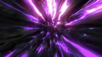 Rotating tunnel with clouds and lightning. Motion. Bright tunnel of fog and neon lines. Plasma energy in cloud tunnel video