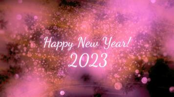 Happy New Year 2023 inscription. Motion. Beautiful festive animation with inscription happy new year in 2023. Happy New Year on background of bright spots and bubbles video