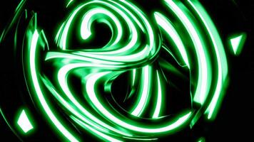 Rotating neon lines. Design. A ball on a black background created from luminous white and green lines in animation. video