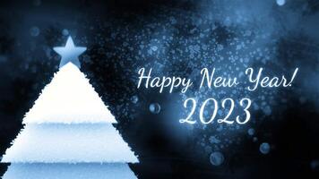 Blue and purple background made in cartoon abstraction. Motion. Bright New Year greetings with the coming year 2023 with Christmas trees and lighting. video