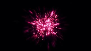 Stream of particles is absorbed and explodes. Motion. Bright particles disappear at point and explode in stream on black background. Explosion of bright stream of particles on black background video