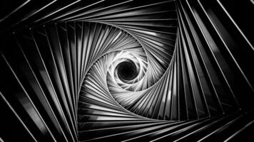 Grey iron tunnel. Design.A light tunnel in animation that rotates in different directions with darkness inside. video