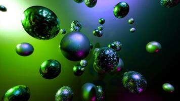 Moving 3d metal balls in space on colorful background. Design. 3D balls randomly move in colorful space. Metal balls reflect colorful background in motion video