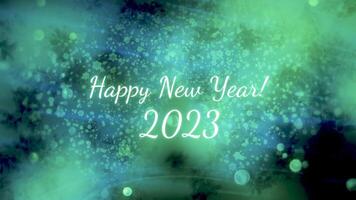 Happy New Year 2023 inscription. Motion. Beautiful festive animation with inscription happy new year in 2023. Happy New Year on background of bright spots and bubbles video