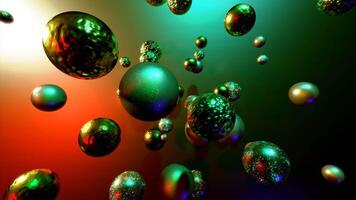 Moving 3d metal balls in space on colorful background. Design. 3D balls randomly move in colorful space. Metal balls reflect colorful background in motion video