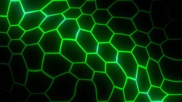 Background with pattern of neon hexagons. Motion. Neon lines in moving distorted hexagon pattern. Hexagonal cells move in curved space on black background video