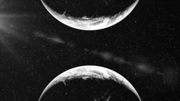 3D animation with approaching planets. Motion. Collision of parallel planets on background of space and rays of light. Timelapse of catastrophic collision of planets video