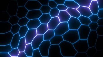 Liquid pattern of neon hexagons. Motion. Neon lines in moving pattern of hexagons in distorted space. Neon hexagons move like liquid distorted texture video