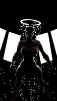 Abstract visualization of a fight game with a player ready for the combat. Design. Silhouette of a muscular fighter with a halo, a garland behind him, and flying sparkles. video