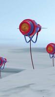 Abstract turbine like shapes turning and levitating in the sky, seamless loop. Design. Three objects with spinning blades soaring above the clouds with hanging wires. video