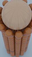Close up of a sphere falling on the abstract tower of small balls and destroying it. Design. Many round shaped objects falling down. video
