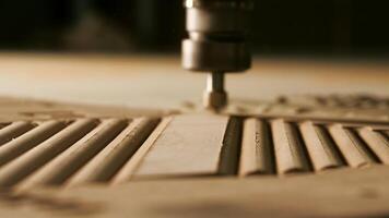 Close-up of needle for drilling on wood. Creative. Machine for drilling patterns on wooden boards. Wood processing and carving with industrial machines video