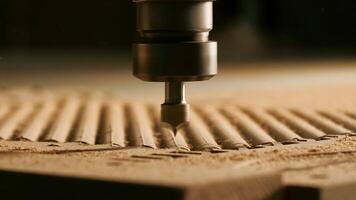 Close-up of needle for drilling on wood. Creative. Machine for drilling patterns on wooden boards. Wood processing and carving with industrial machines video