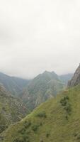 Aerial view of rocks on a summer day on a cloudy sky background. Action. Green forested mountains. video