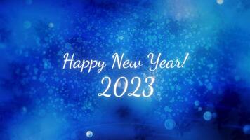 Blue and green postcard background with sequins. Motion. Congratulatory phrase happy new year 2023 on a dark background in animation with flying confetti. video