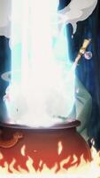 Abstract animation of an old wizard making a potion above boiling pot with flying strange ingredients and a bright beam of light soaring up. Stock footage. Magic and ritual concept. video