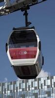 Emirates Air Line with a small cabin starting to move from the station, transportation and tourists attraction concept. Action. Bottom view of the cable car in London. video