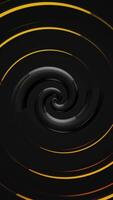 Abstract beautiful hypnotic rotating spiral of wide bended stripes surrounded by yellow rings, seamless loop. Animation. Motion background in black and golden colors. video