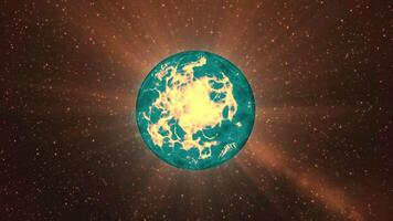 uma brilhante azul bola com fogo dentro. movimento.escuro fundo com estrelas com animação este brilha e queimaduras com luz dentro. video