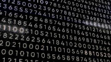 Numerical code in matrix computer program. Motion. Glowing numbers in program code stream. Highlighted neon numbers in digital stream video