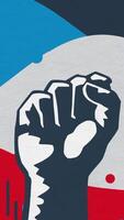 Cartoon design of a male strong fist on a colorful waving simple background. Animation. Concept of strength, protest, and anger. video