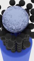 Colorful abstraction with moving geometric 3D figures. Design. Big ball falling and breaking small spheres that are standing on a colorful pillar. video