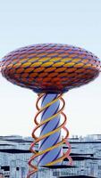 Abstract layout of a modern city with a huge spiral shaped skyscraper with a bright oval roof. Design. Futuristic architecture with a plane flying above buildings. video