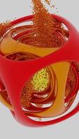 Abstract red and yellow cube with smoothed angles and orange particles. Design. Unusual geometric figure with flying small dots isolated on a black background. video