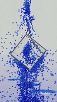 Abstract transparent cube with blue silhouette spinning surrounded by small dust particles. Design. Geometric figure colorful abstraction. video