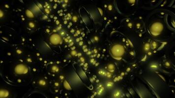 Abstract endless reality with 3D spheres flying through rings on a dark background. Design. Glowing balls and circles. video