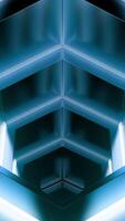 Movement in 3D tunnel with glowing metal walls. Design. Geometric tunnel with metallic texture and luminous reflections. Movement and immersion in cyberspace of tunnel video