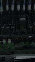 Production line with computer processors on electronics factory. Creative. Microchip production process. video