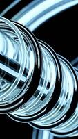 Neon lines rotate around pipe. Design. Animation of mechanical rod with rotating neon lines. Neon lines rotate around rod in mechanical design video