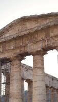 Restoration of Acropolis of world historical heritage. Action. Antique columns of dilapidated Acropolis on sky background. Beautiful architecture with columns of Acropolis of ancient Europe video