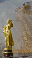 Gilded statues on background of fountain. Action. Beautiful Golden statues of women Shine on background of splashing large fountain video