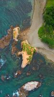 Top view of coast with rocks in water and forest. Clip. Amazing nature of coast with beautiful rocks and clear water. Wild coast with rocks in turquoise water and green forest on sunny day video