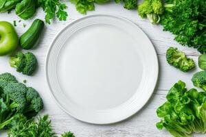 Fresh vegetables arranged around an empty plate on a wooden table for healthy meal preparation photo