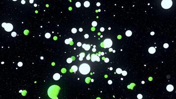 Glowing balls fly out into black space. Motion. Stream of explosion of glowing balls on black background. Black space with balls appearing in stream video