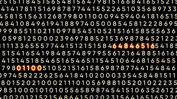 Numerical code in matrix computer program. Motion. Glowing numbers in program code stream. Highlighted neon numbers in digital stream video