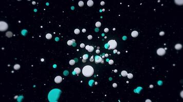 Flow of balls from point in space. Motion. Point stream with spreading balls on black background. Stream of balls moves to spatial point video