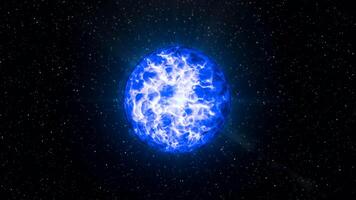 Black background with a magic ball of blue shades. Motion. Dark background with a view of the stars where you can see a blue ball in the animation that glows. video