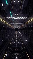 Flying through the digital futuristic dark tunnel, seamless loop. Animation. View inside of a technological space tunnel or spaceship corridor. video