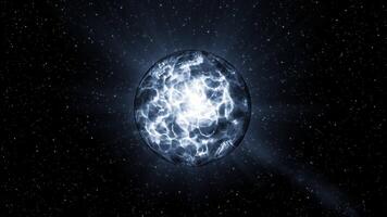 Bright glowing ball with liquid shimmer. Motion. Energy plasma flickers brightly in 3D ball. Shimmering ball of energy in outer space with particles video