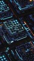 Neon boards in computer. Animation. Beautiful 3D neon boards in computer cyber space. Illuminated memory cards inside computer video