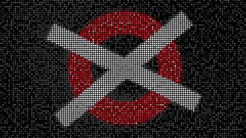 Pixel background. Motion. Dark background in animation where multi-colored circles are crossed out with one cross sign. video