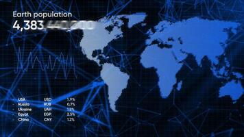 Technological animation with world map and numbers. Motion. The population of Earth on technological animation with map and numbers. Increasing number of Earth's population with map and signs video