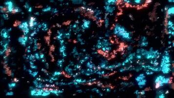 Bright shimmering particles in liquid stream. Motion. Abstract liquid ripples with fluorescent flashing particles. Colorful glowing particles in stream on black background video